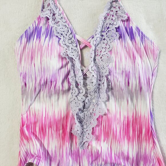 Marilyn Monroe One Piece SwimSuit Women's Small Purple Pink Lace Deep V Halter - Picture 2 of 7